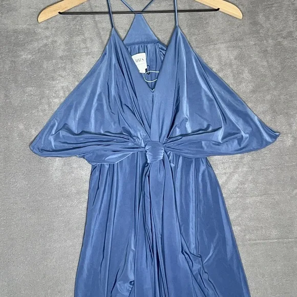 MISA Los Angeles Dress Womens L Blue Mini Jersey Knit Halter Draped Twist Front Dresses MISA Los Angeles Dress Womens L Blue Mini Jersey Knit Halter Draped Twist Front Dresses
